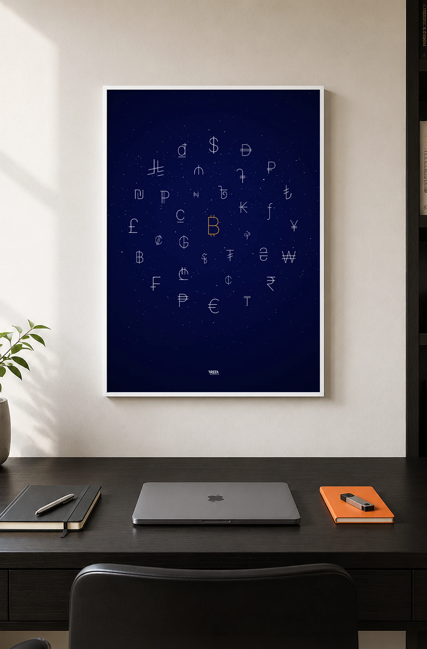 Bitcoin currency poster in an office