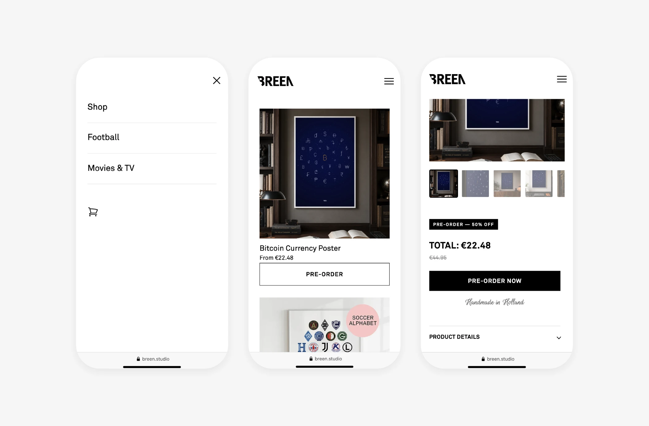 Breen webshop shown on three phone screens